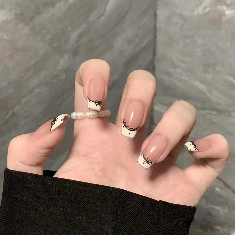 

24pcs Medium Coffin Press-On Nails - French White Tips With Bow & Polka Dot Accents Minimalist Elegance (Multi-Size Fit)