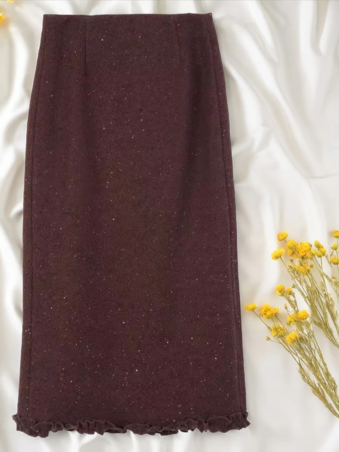 

Элегантная весенняя модная юбка-карандаш средней длины из блестящей шерсти с высокой талией, эластичным поясом и кружевной отделкой