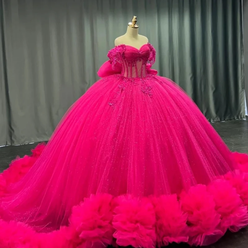 

Rose Red Shiny Quinceanera Dresses Ball Gown Off The Shoulder Applique Beading Bow Tiered Tull Party Birthday Sweet 16 Dress Ves