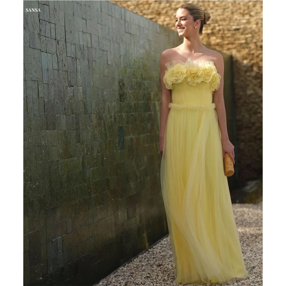 

Sansa Yellow Strapless 3D Floral Prom Dress Tulle A-Line Customized Party Dress Sleeveless Evening Dresses 2025