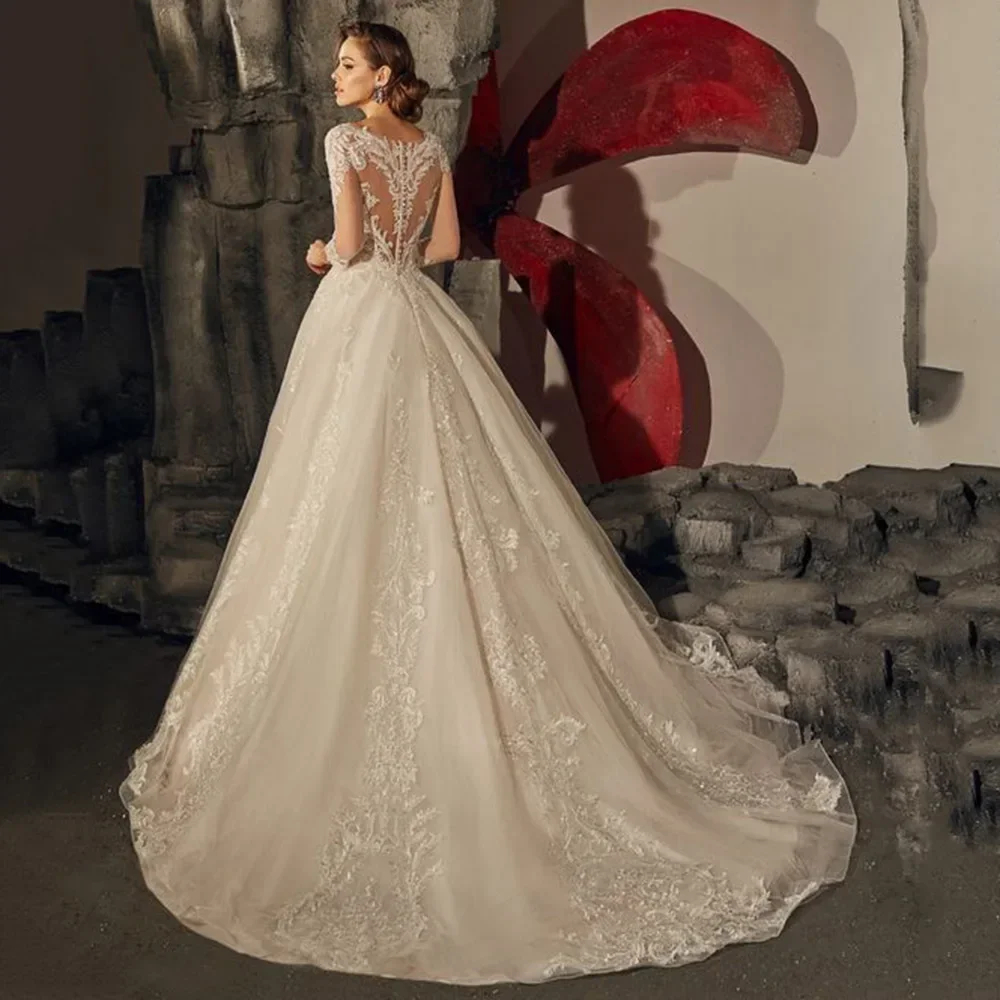 One life 2025 Elegant Round Neck Lace Decal Wedding Dress A-line Long Sleeve Bridal Dress Customized Back with Button