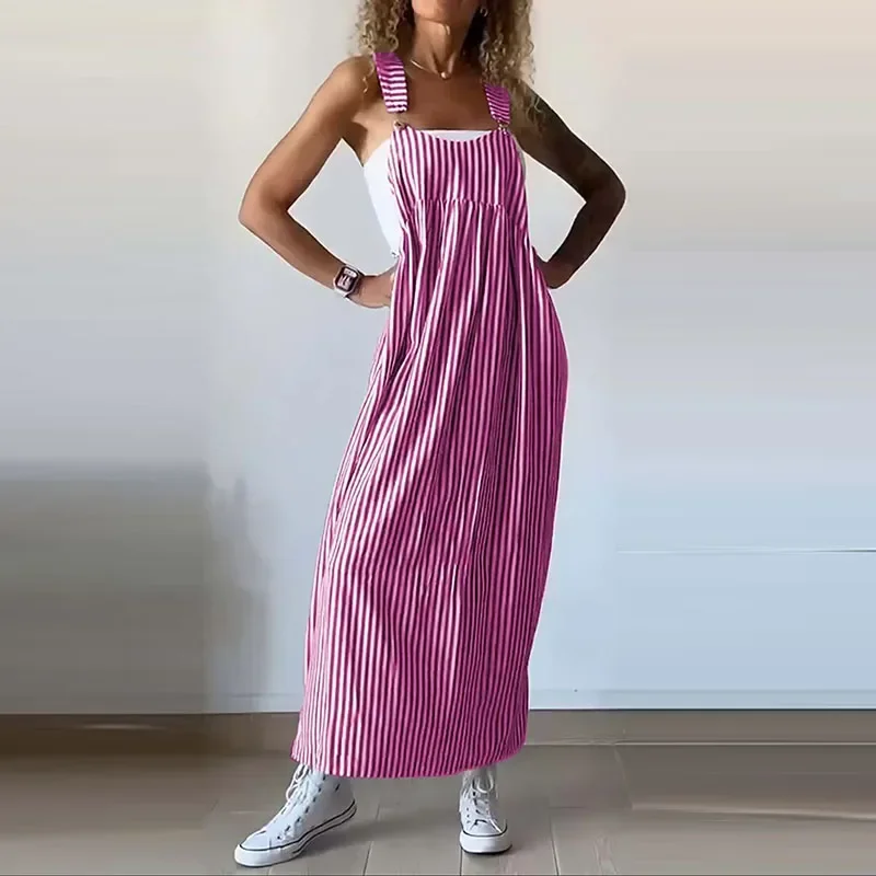 Summer Fashion Streetwear Suspenders Dress for Women New Casual Striped Printing Sleeveless Commuter Loose Waist Party Dresses