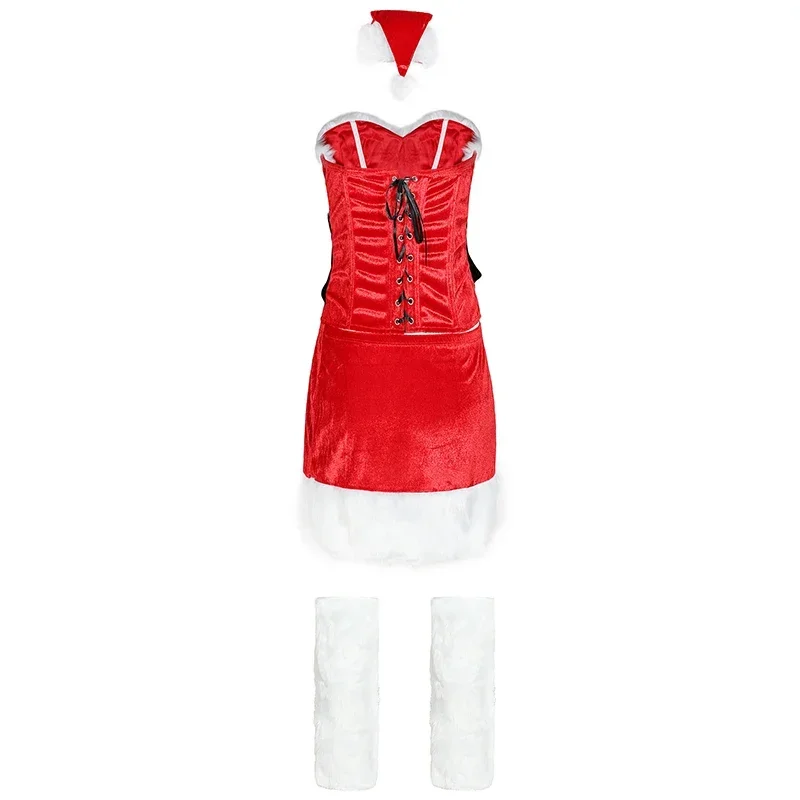 Women's Sexy Plush Splicing Performance Costume Christmas Suit Three Piece Hat Dress Foot Cover Christmas Performance Costume