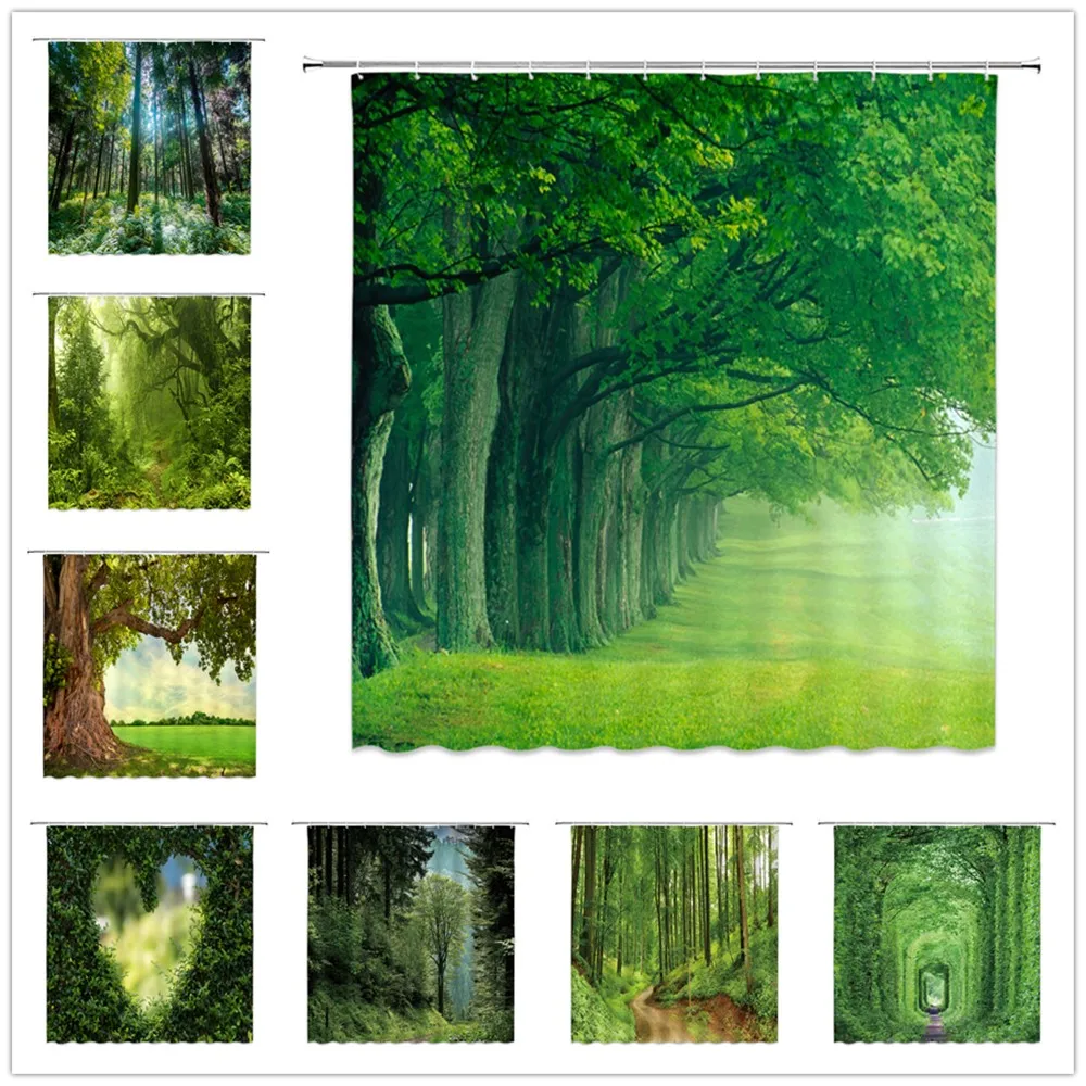 Natural Scenery Shower Curtains Green Tree Floral Plant Landscape Pattern Spring Summer Bathroom Decor Polyester Cloth Curtain