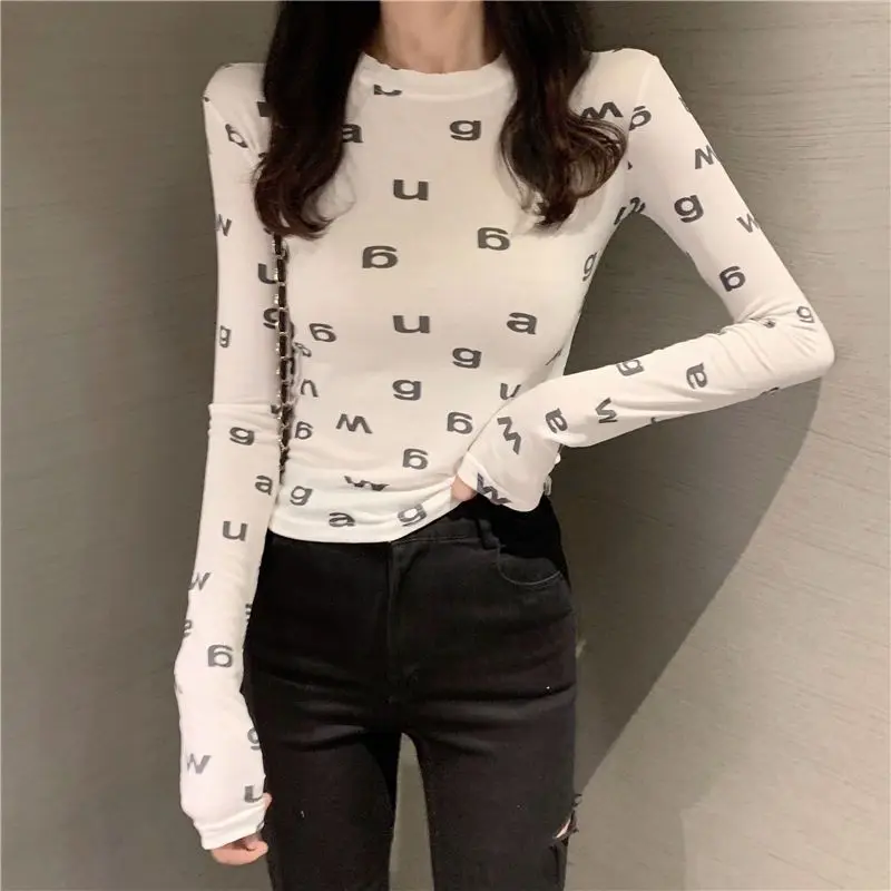 Spring Autumn New Fashion Pure Cotton Printing Letter T-Shirts Women\'s Clothing Round Neck Long Sleeve Pullovers Korean Thin Top