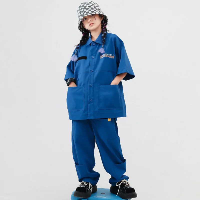 Teenager zeigt Hip Hop Kleidung blaues Hemd Baggy Pants für Mädchen Jungen Jazz Tanz Kostüm Kinder Street Dance Kleidung 6 8 10 12 y