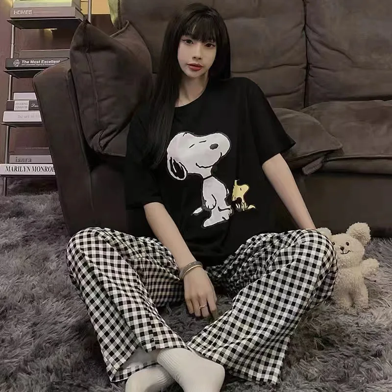 

Summer Snoopy Pajama Set Women Sleepwear Short Sleeve Tops Trousers Girls Casual Home Clothes Comfortable Nightshirt Wear