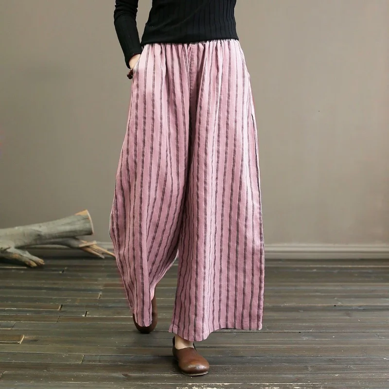 Women Summer New High Waist Cotton Linen Elastic Wide Leg Pants Fashion Retro Stripe Pocket Panel Loose Versatile Cropped Pants