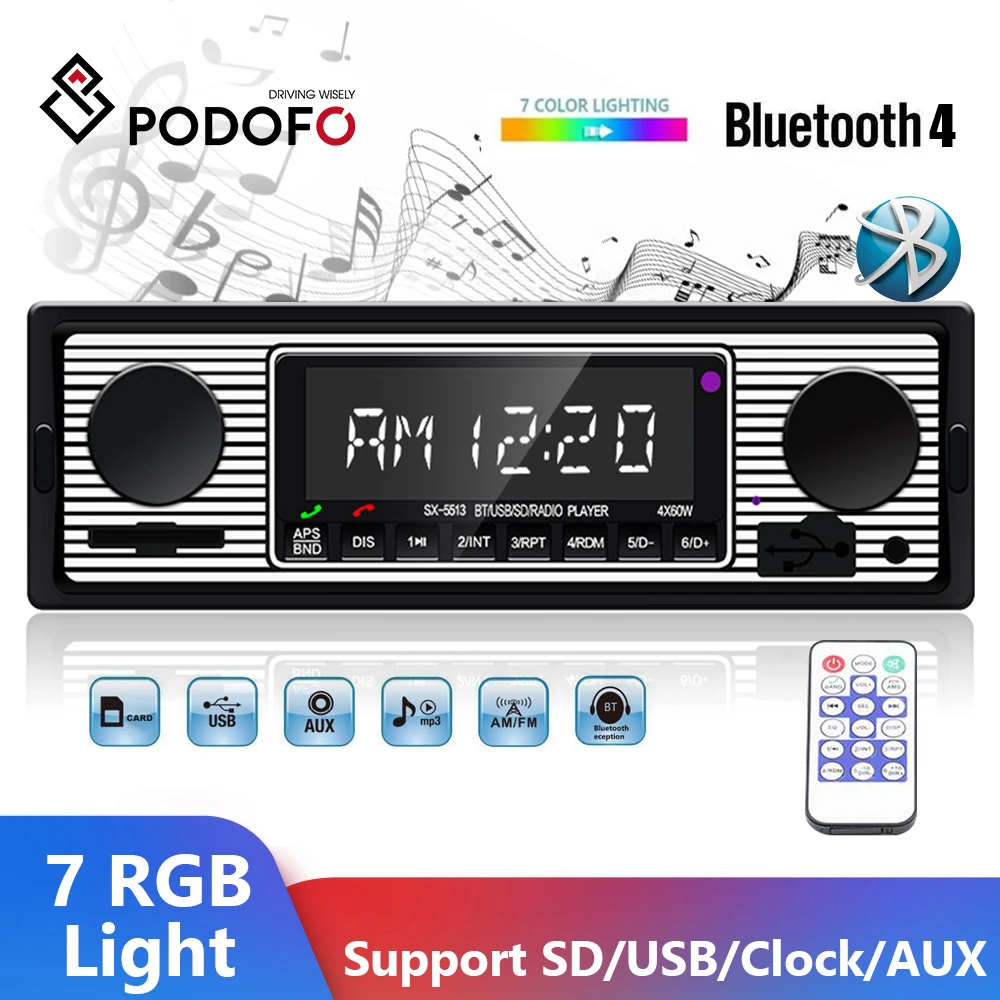 Podofo One Din Autoradio lettore Stereo MP3 Bluetooth FM Multimedia Autoradio Player 7 luci colorate AUX/USB/TF telecomando