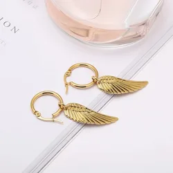 Gold Color Stainless Steel Angel Wings Dangle Earrings for Men Boy Fashion Feathers Punk Cool Male Jewelry