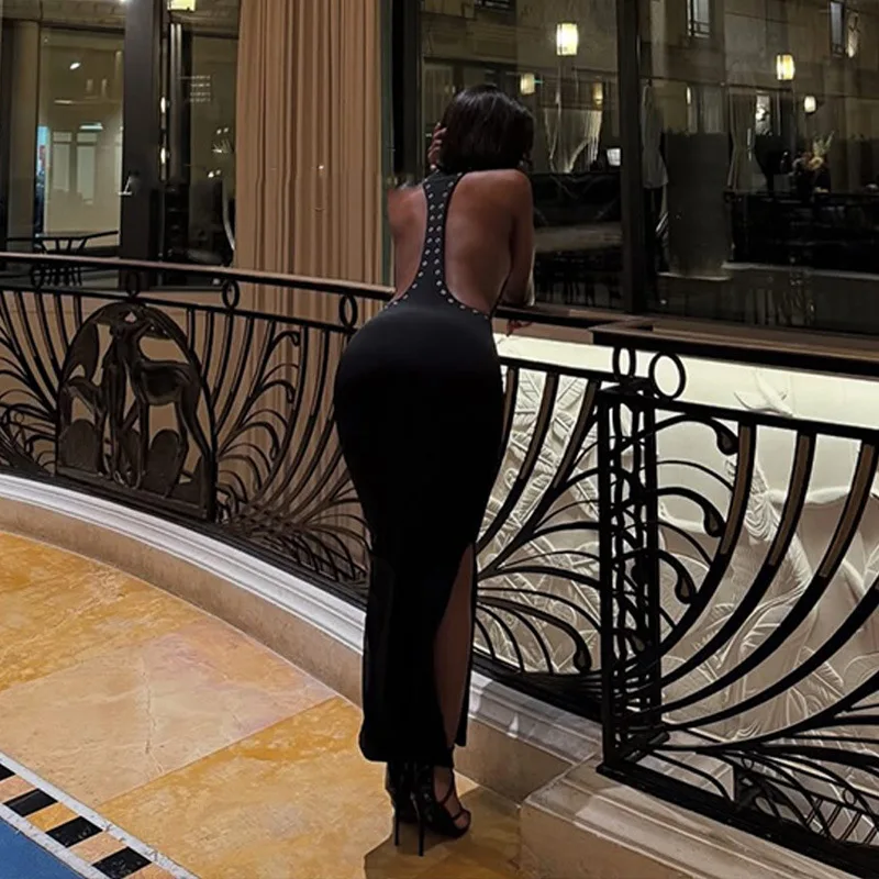 DSMTRC Weibliche Ärmelloses Kleid Mode Mantel Trendy Split Sexy Club Party Bodycon Vestidos Halter Solide Backless Frauen Kleider