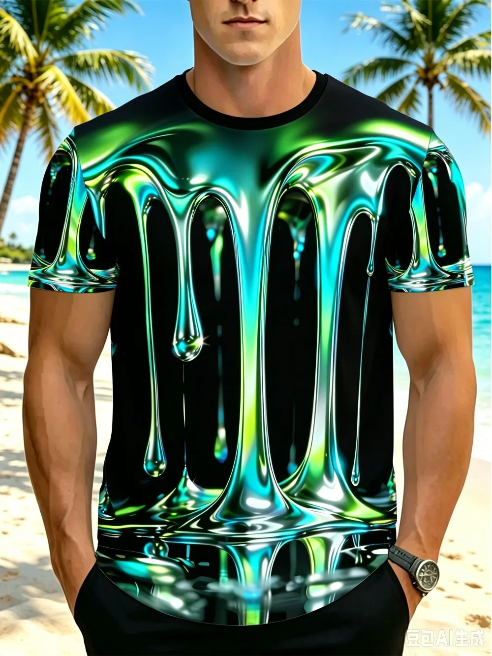 Bunte flüssige Tropfen fallen in 3D-gedrucktem Herren-T-Shirt, atmungsaktiv, für Freizeit und schnelltrocknend, Outdoor-Streetwear-Stil, Sport-Oberteil – Detail 5