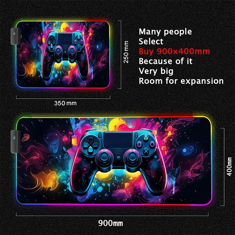 Gamepad rgb grande mouse pad gamer led backlight luminoso gamers antiderrapante almofadas de teclado de borracha xl e-sports portátil tapete de mesa de escritório