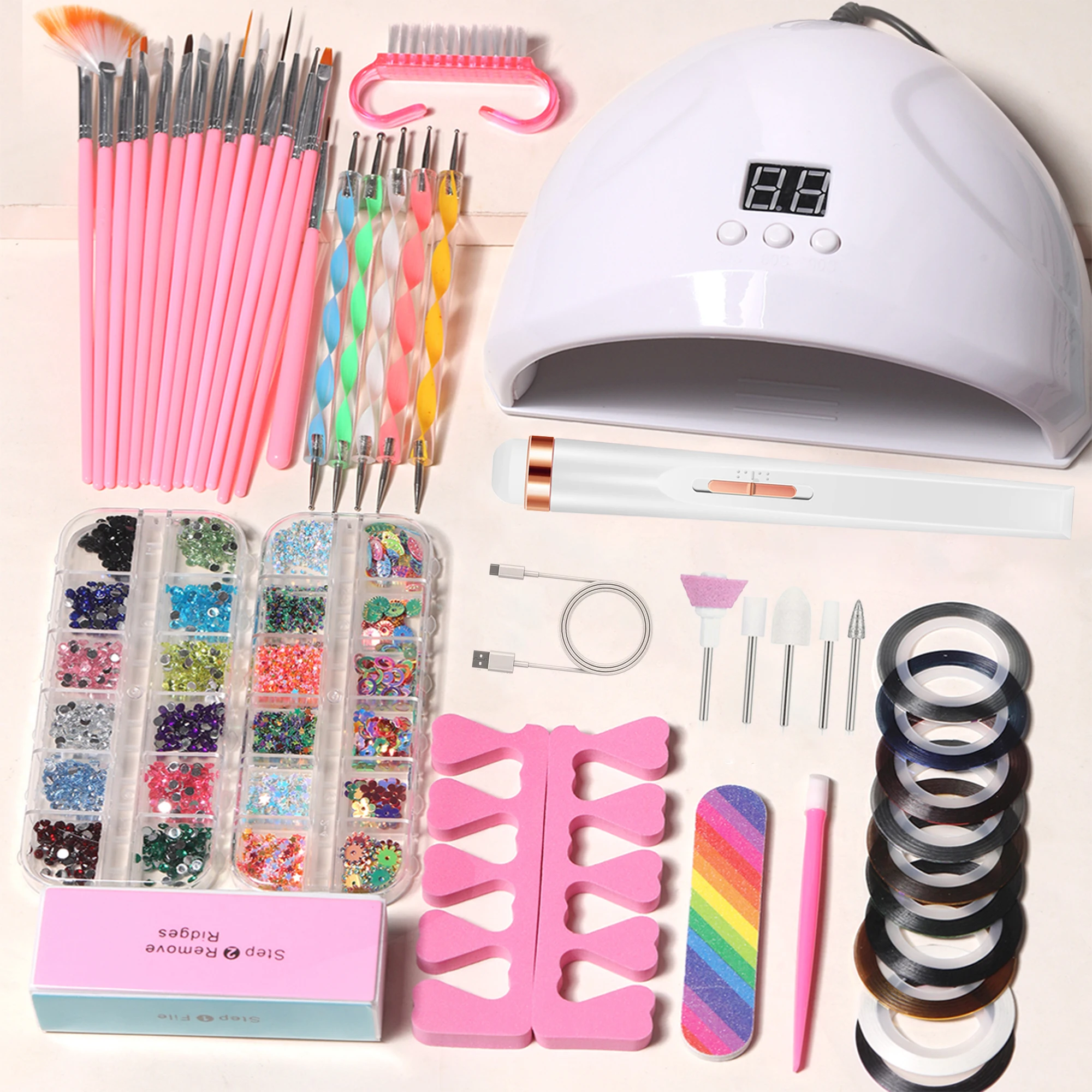 YIKOOLIN USB  Professional Nail Art Set with UV LED Nail Lamp Dry Charging Dual Purpose Nail Drill Acrylic Starter Set Gifts