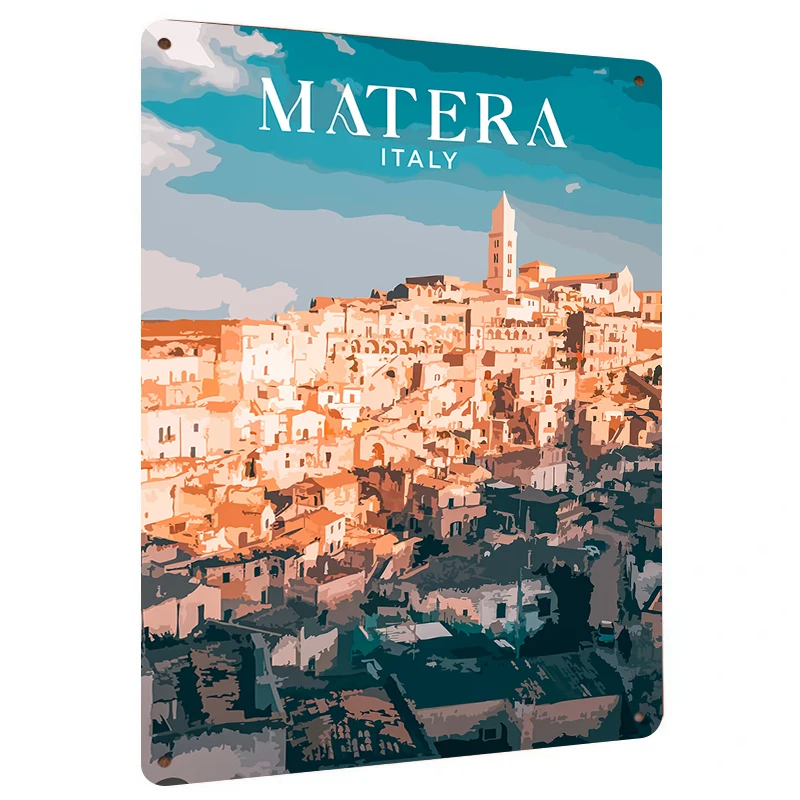 Pintura personalizada para decoración del hogar, arte de pared de Metal con paisaje de ciudad antigua de Matera, Italia, relieve Vintage