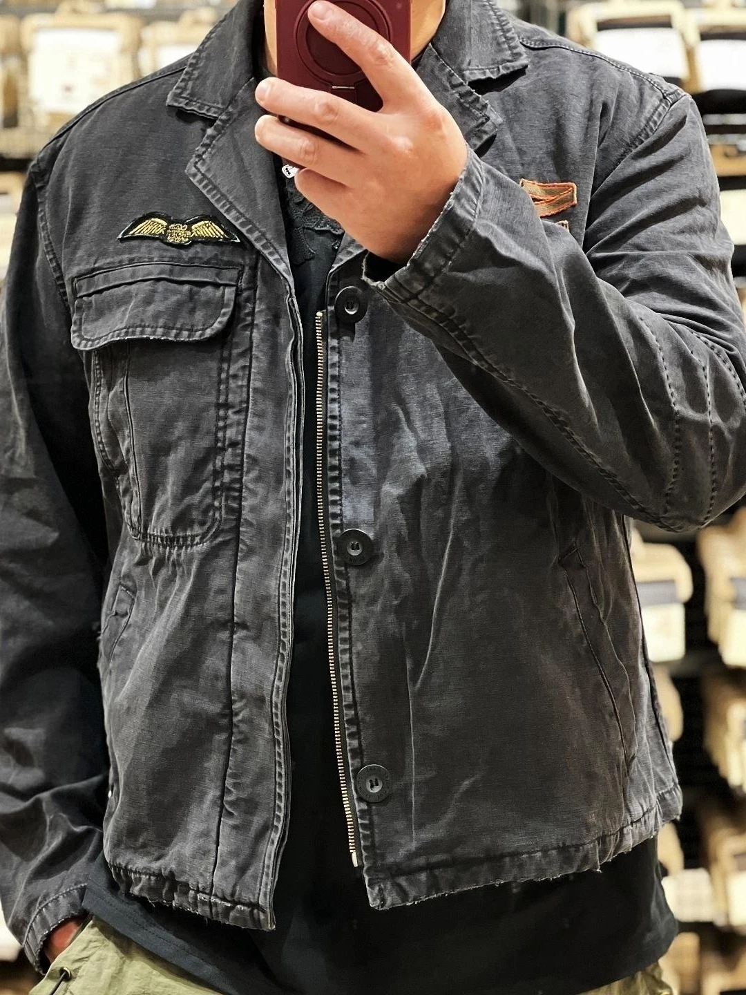 Vintage American Military Style Worn-look Canvas Jacket Short Length Embroidered Badge Heavyweight Durable Men's Zipper Coat