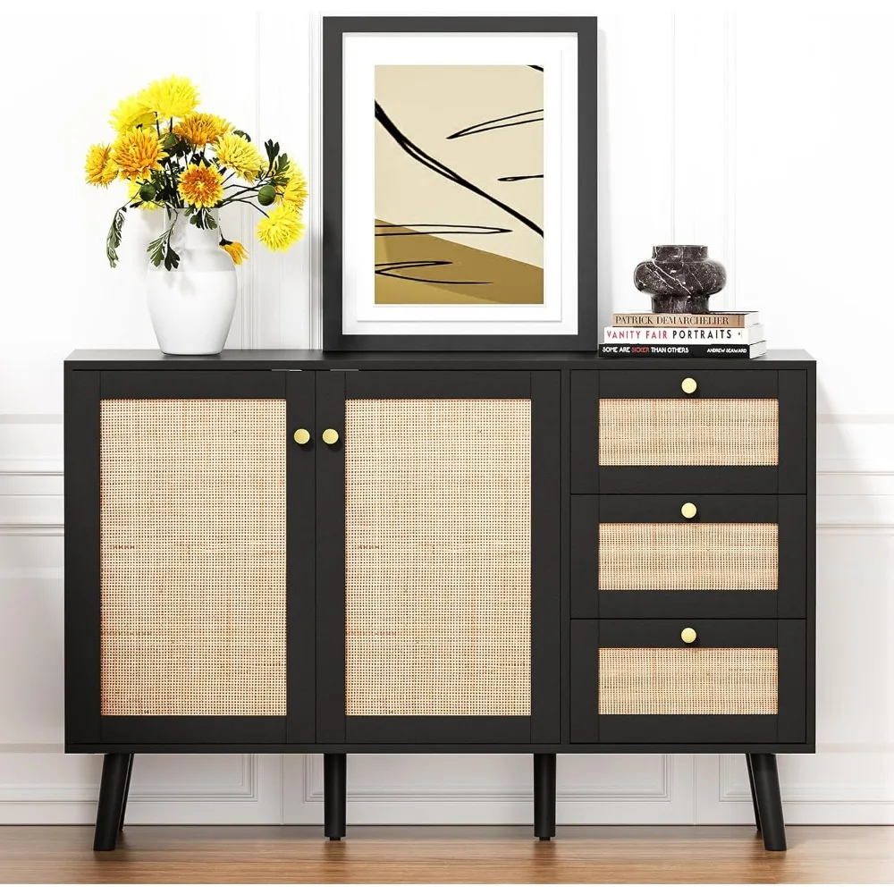 Anmytek Rattan Cabinet, Black Sideboard Buffet Cabinet with 2 Doors and 3 Drawers, Sideboard with Storage Wood Credenza Storage