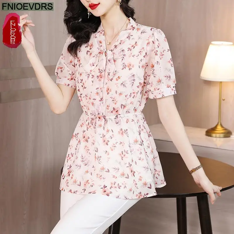 M-4XL 2023 Women Summer European Style Office Lady Drawstring Waist Bow Tie Floral Print Tunic Peplum Tops Blouses