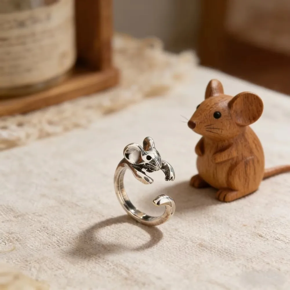 Fashion Funny Retro Mouse Ring Alloy Silver Adjustable Ring Geometric Creative Animal Ring Party