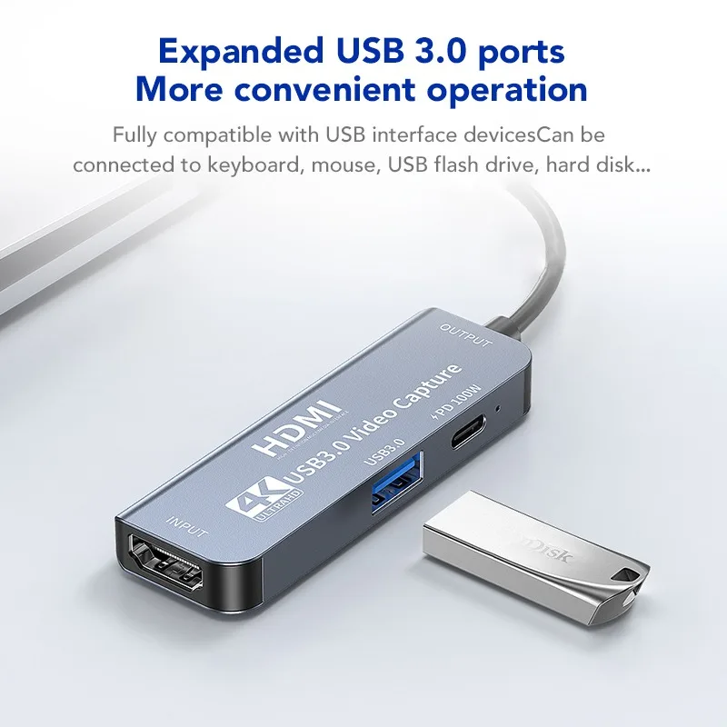 USB C HDMI Video Capture Card 4K Type-C 100W PD Charging Video Recorder for Mobile Switch VR Live Streaming