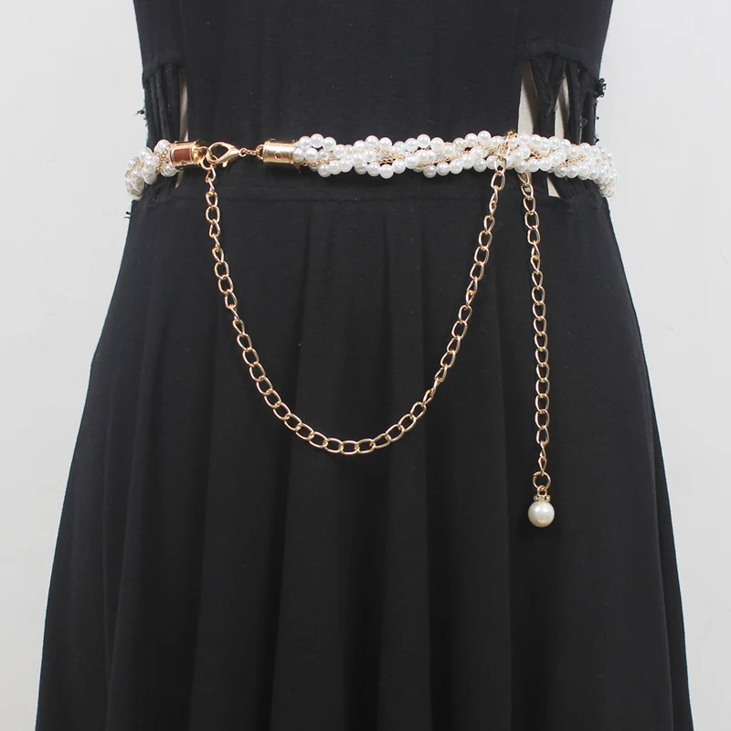 

Women's Runway Fashion Pearl Knitted Chain Cummerbunds Female Dress Corsets Waistband Belts Decoration Narrow Belt R613