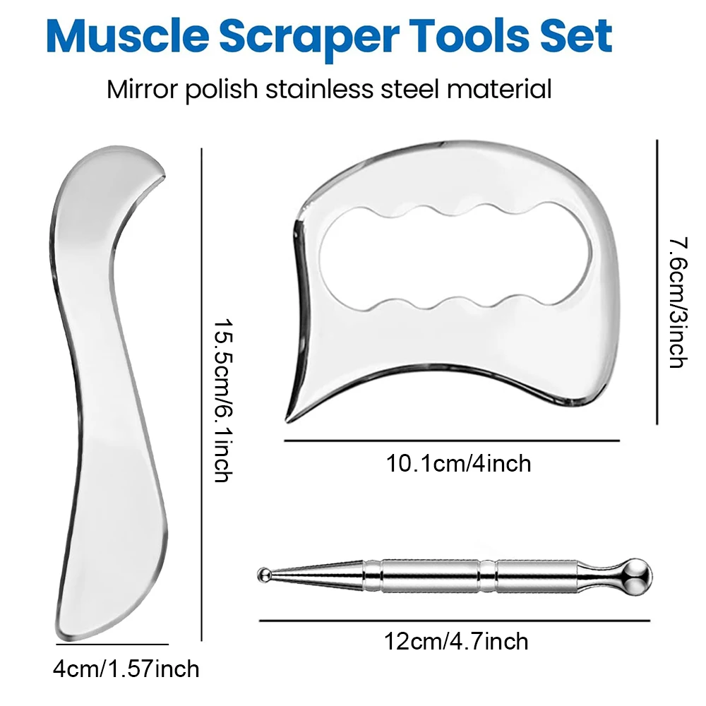 Ensemble d'outils de massage Gua Sha en acier inoxydable, grattoir musculaire pour le dos, les jambes, les bras, le cou, les points d'acupuncture initiés et complets du corps