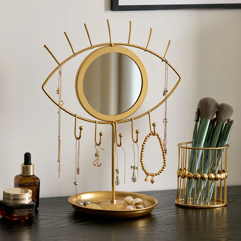 

Golden Base Mirror Jewelry Holder - Elegant Display Stand for Earrings, Necklaces & Rings, Multi-Functional Vanity Mirror