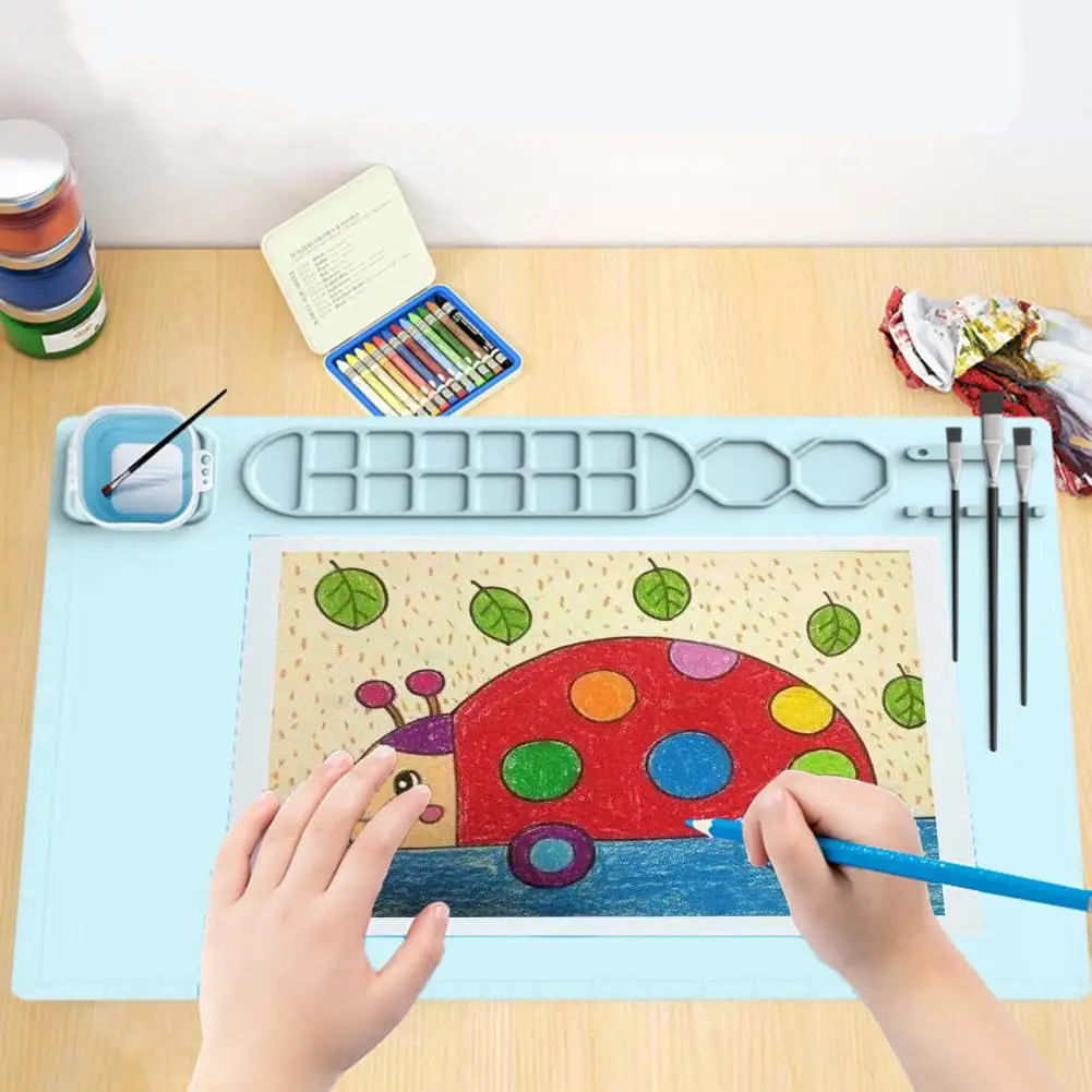 Silicone Craft Mat Drawing Mat Food Grade Silicone Painting Mat with Cup Non-stick Art Brush Cleaner Diy Clay Craft for Kids