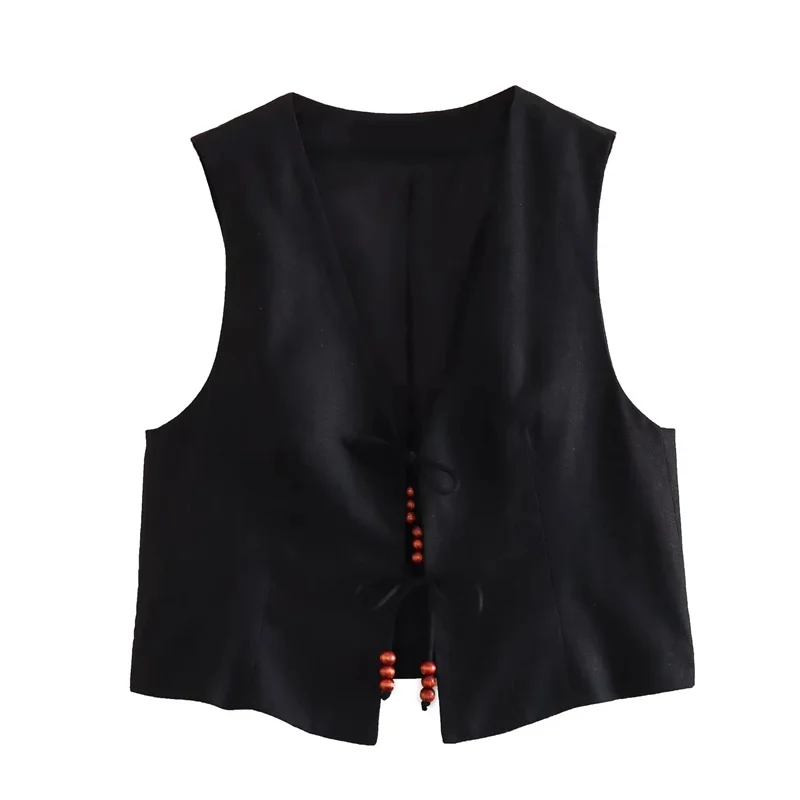 TRAF 2024 Black Cropped Vest Women Jacket Beading Tied Sleeveless Vest Woman Fashion V Neck Summer Vest Short Coats Waistcoat