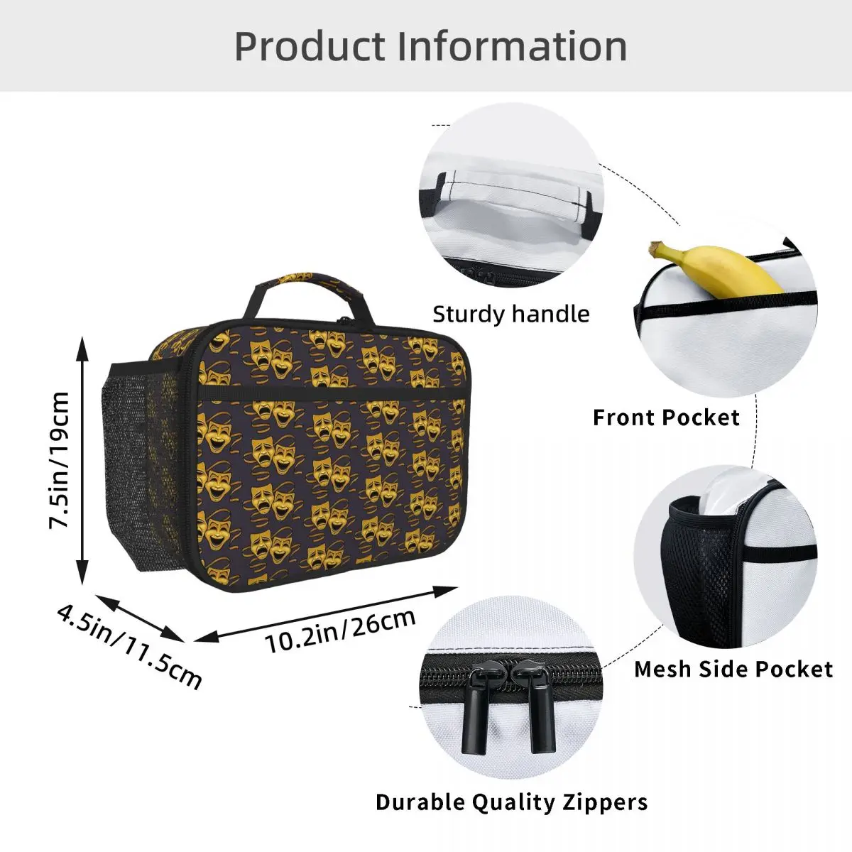 Gold Comedy And Tragedy Theater Masks Insulated Lunch Bag for Women Office Cooler Thermal Food Box Tote Lunch Boxes Container view 5