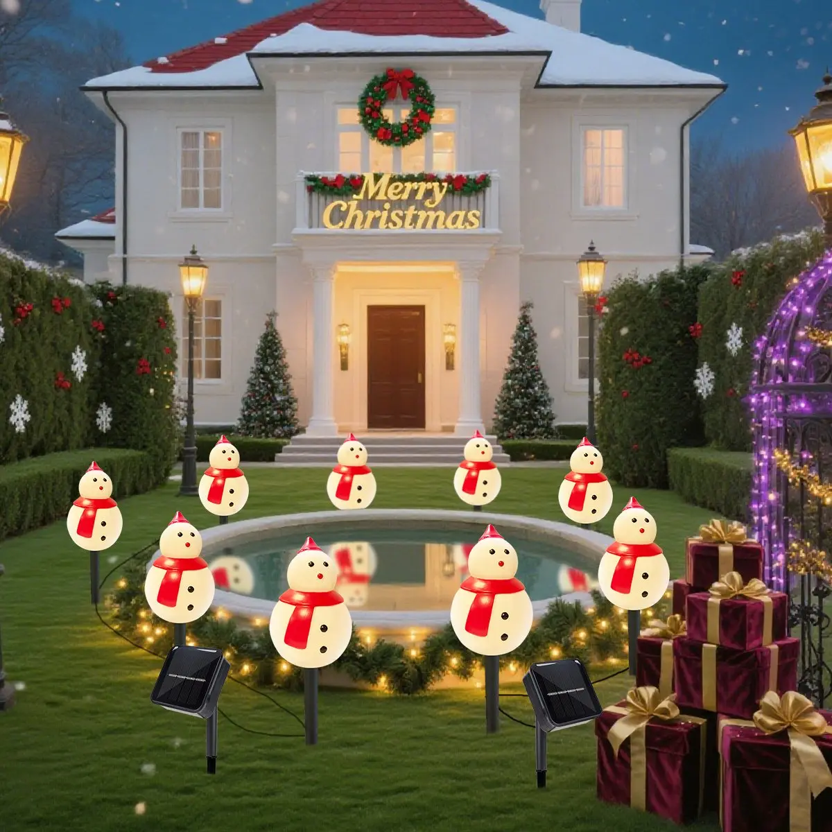 4/5 قطعة/الحزمة عيد الميلاد ثلج قبعة تعمل بالطاقة الشمسية أضواء المسار في الهواء الطلق مصباح بعمود مقاوم للماء للمنزل حديقة عيد الميلاد الديكور #6