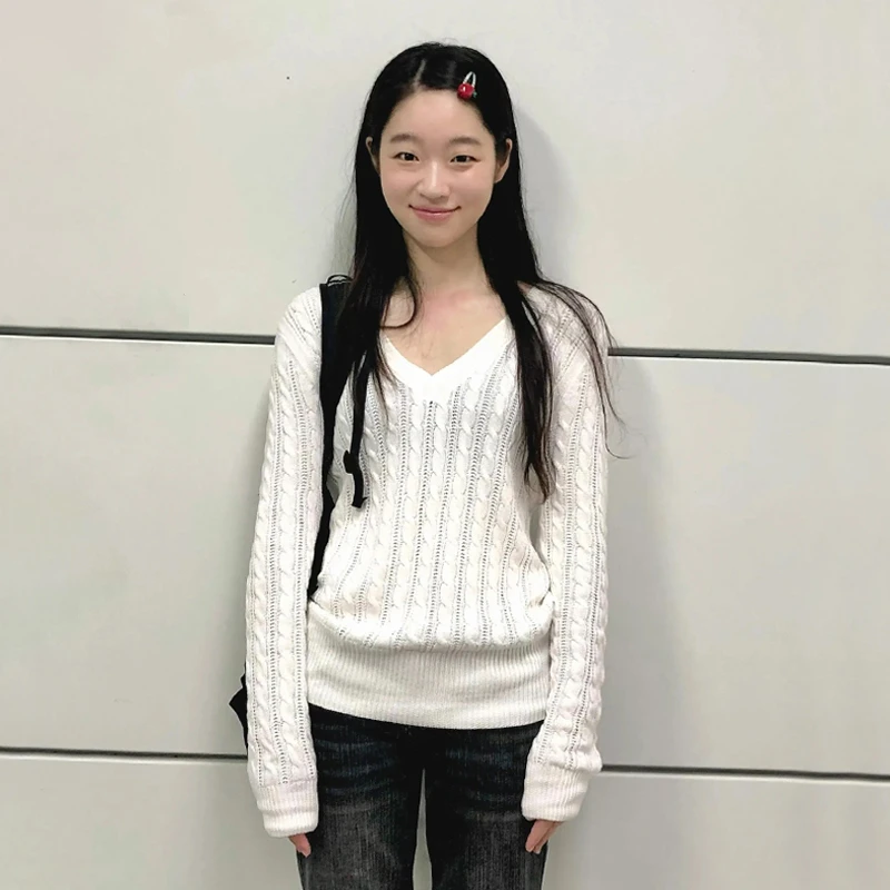 Karrram اليابانية Y2k الخامس الرقبة سترة بيضاء خمر Harajuku متماسكة سليم البلوز الكورية نمط خريف شتاء تريكو 2000s جماليات #6