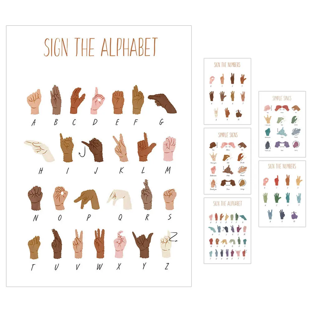 6 قطعة ملصقات تعليم اللغة الإشارة الفصول الدراسية قماش الأبجدية عدد الرسم البياني التعلم ديكور جدار الفن الأبجدية ملصق #3