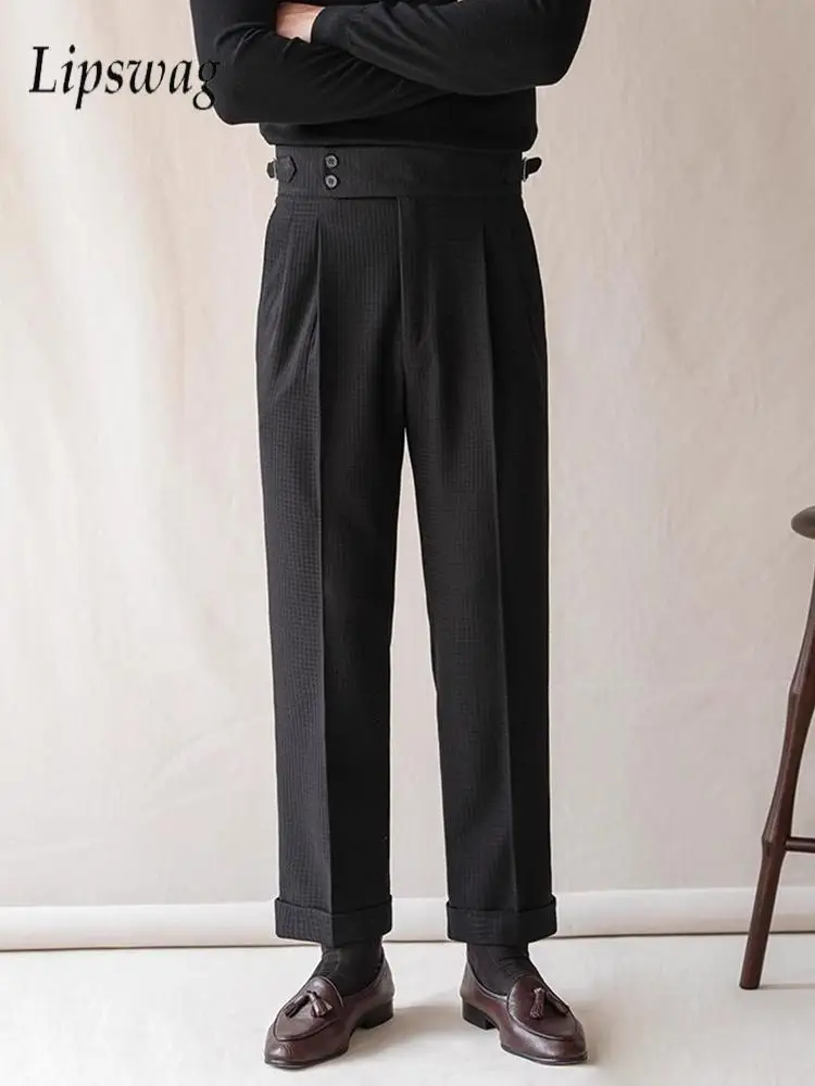 

Naples Style High Waist Pants Mens Stylish Waffle Textured Slim Straight Trousers Men Autumn Casual Button Lace-up Suit Trousers