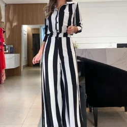 Autumn Fashion Stripe Women's Two Piece Sets Casual Turn-down Collar Button Shirt and Long Pants Suit New Loose Commuter Outfits