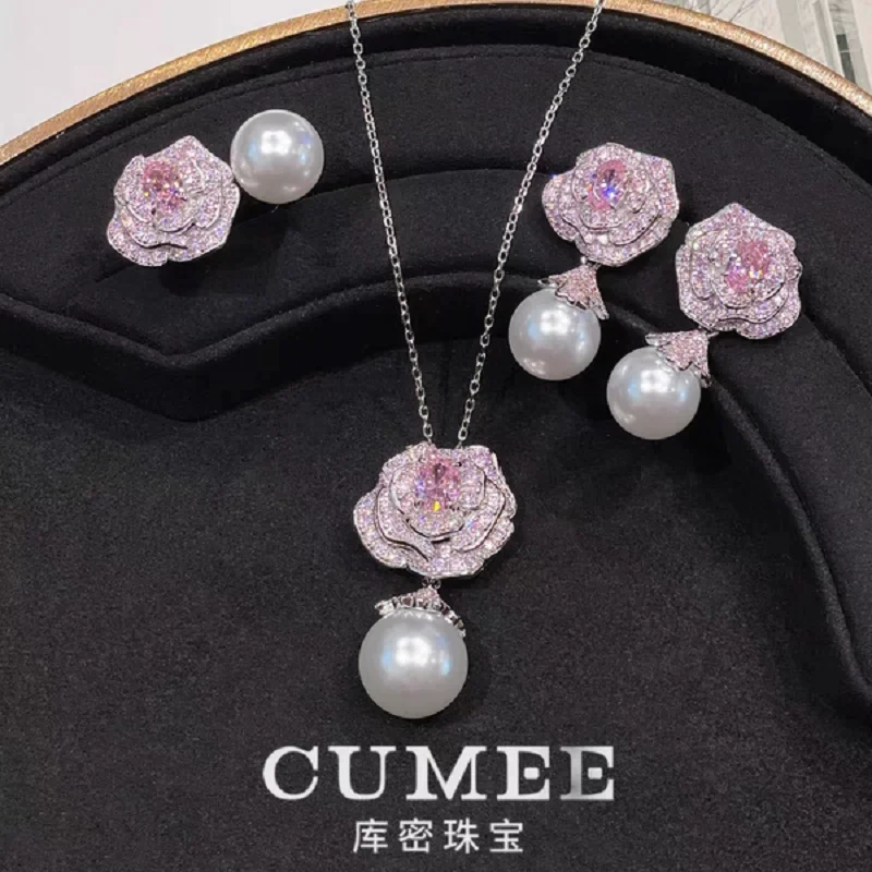 CUMEE Fashion Pink Flower Luxury Artificial Australian White Pearl Set for Women 925 Silver Gold Plating Lab Created Gemstone