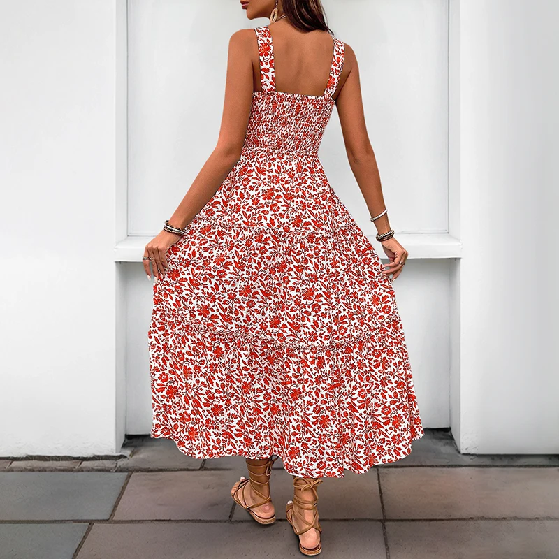 Women's Floral Square Neck Spaghetti Strap Smocked Waist Tiered Maxi Dress Summer Casual Flowy Daily Fashion Outfit