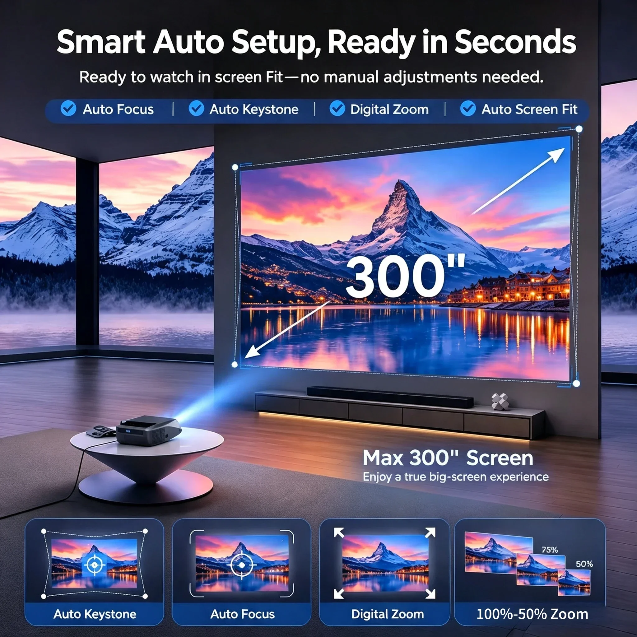 Projektor wideo 4K do filmów, 3800 ANSI, automatyczne ustawianie ostrości, 2.4+5G WiFi, WLAN, Bluetooth, 1080P Full HD, projektor do kina domowego, Android TV. — zdjęcie produktu 4