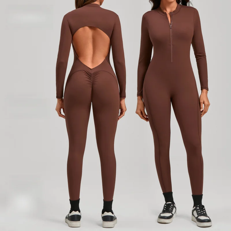 

Женский комбинезон для йоги с длинными рукавами и молнией, облегающий, с эффектом второй кожи, для фитнеса и спорта на открытом воздухе, цельный, с длинными брюками, обтягивающий, женский спортивный костюм
