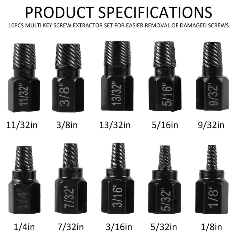 10Pcs Screw Extractor Kit Alloy Steel Damaged Screw Remover Set Metal Easy Out Drill Bits Bolt Stud Multi-Spline Screw Extractor