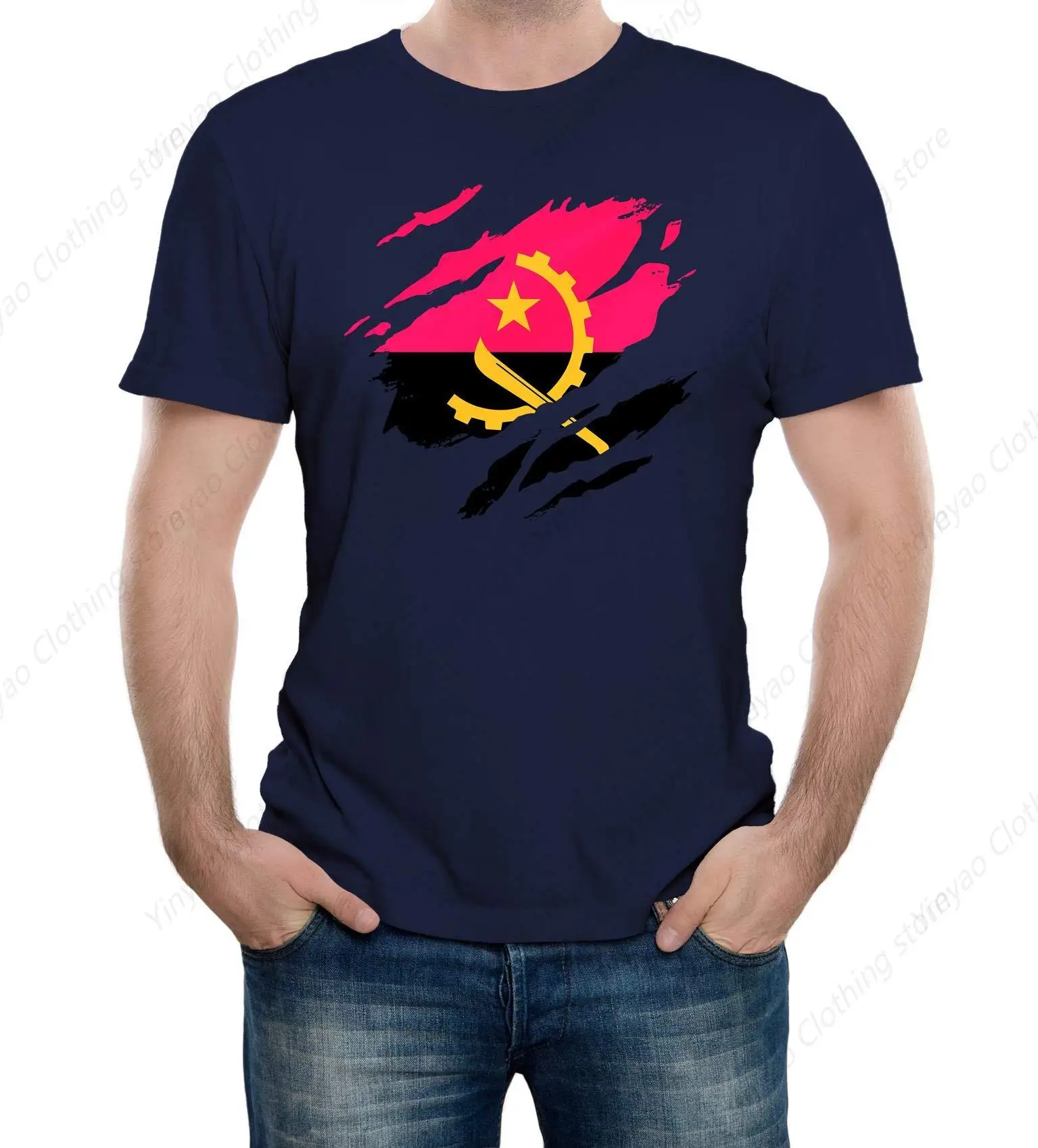 Torn Angola Flag Men's T-Shirt Pure Cotton Cool Casual Comfortable Shirt Navy Blue Short Sleeved Shirt