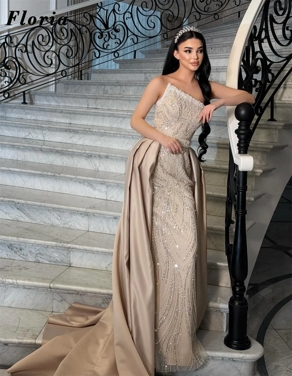 Customized Champagne Strapless Evening Dresses With Overskirt Elegant Arabic Beaded Party Gowns For Weddings Robes Prom Dress