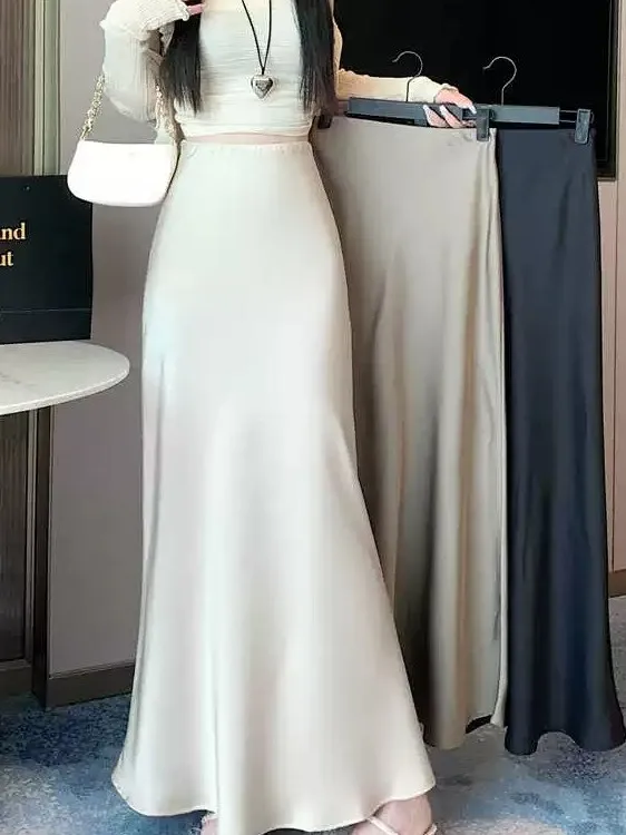 Acetate Satin Fish Tail Half Skirt Long Women's New plus Size Fat MM Drapey Wrap Body Long Skirt Light Beige Moonlight Skirt