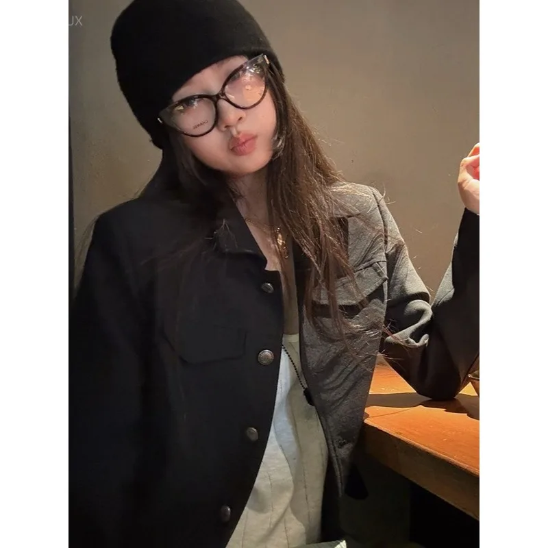 Korean Retro Collar Long Sleeved Pocket Single Breasted Jacket Fashion Temperament Commuting Workwear Ropa Mujer 방수자켓