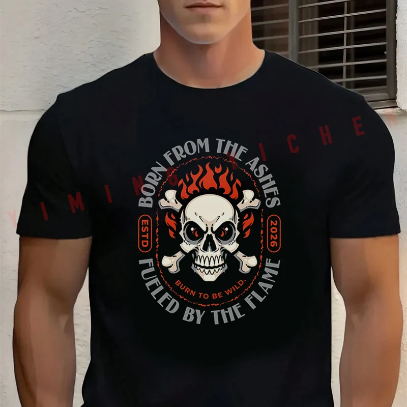 

Retro Skull With Flames Burning Graphic Motorcycle T-Shirt Men‘s Cotton Summer Short-sleeved Casual Streetwear Tops Tee