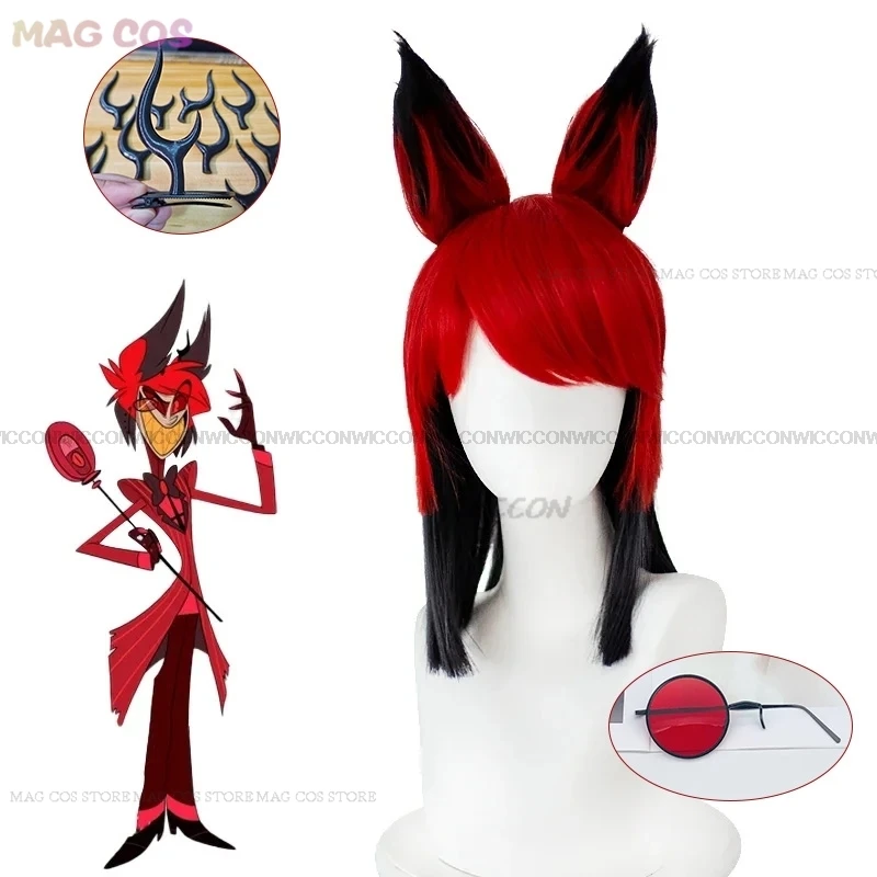 Hasbin Cos-Peluca de Cosplay de Alastor para Hotel, accesorios para el cabello, gafas, micrófono, utilería para fiesta de carnaval, Halloween