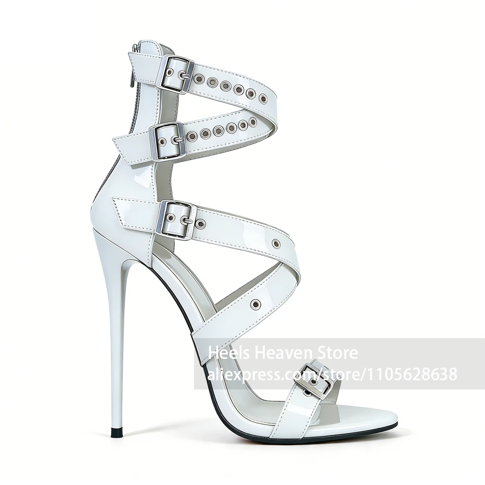 16cm Ultra High Royal Blue Patent Lacquered Heels Multiple Buckle Gladiator Stiletto Sandals Open Toe Sexy Nightclub Party Shoes view 2