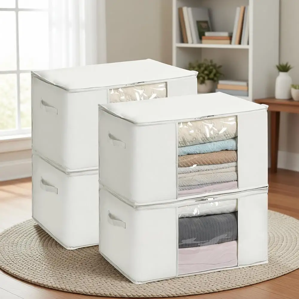 

Прозрачные хлопковые мешки для хранения на молнии, 4 шт., 23.6x15.7x13.8, бежевые, идеально подходят для сезонной одежды и постельного белья