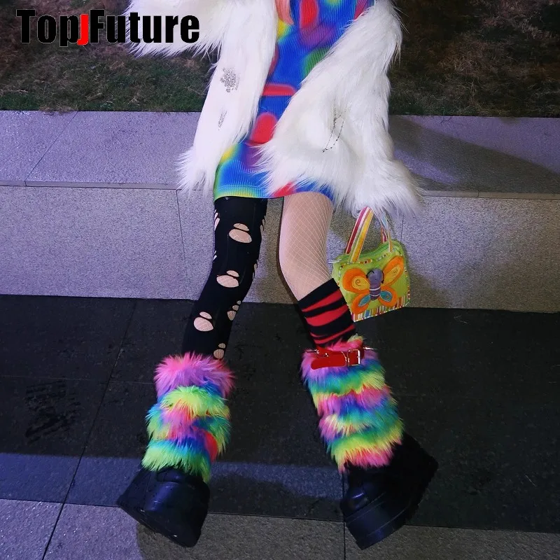 Women Girl Multicolour Harajuku Punk gothic Lolita Y2K Girl streetwear Leg Warmer Winter Warmer furry Stockings Leg warmers