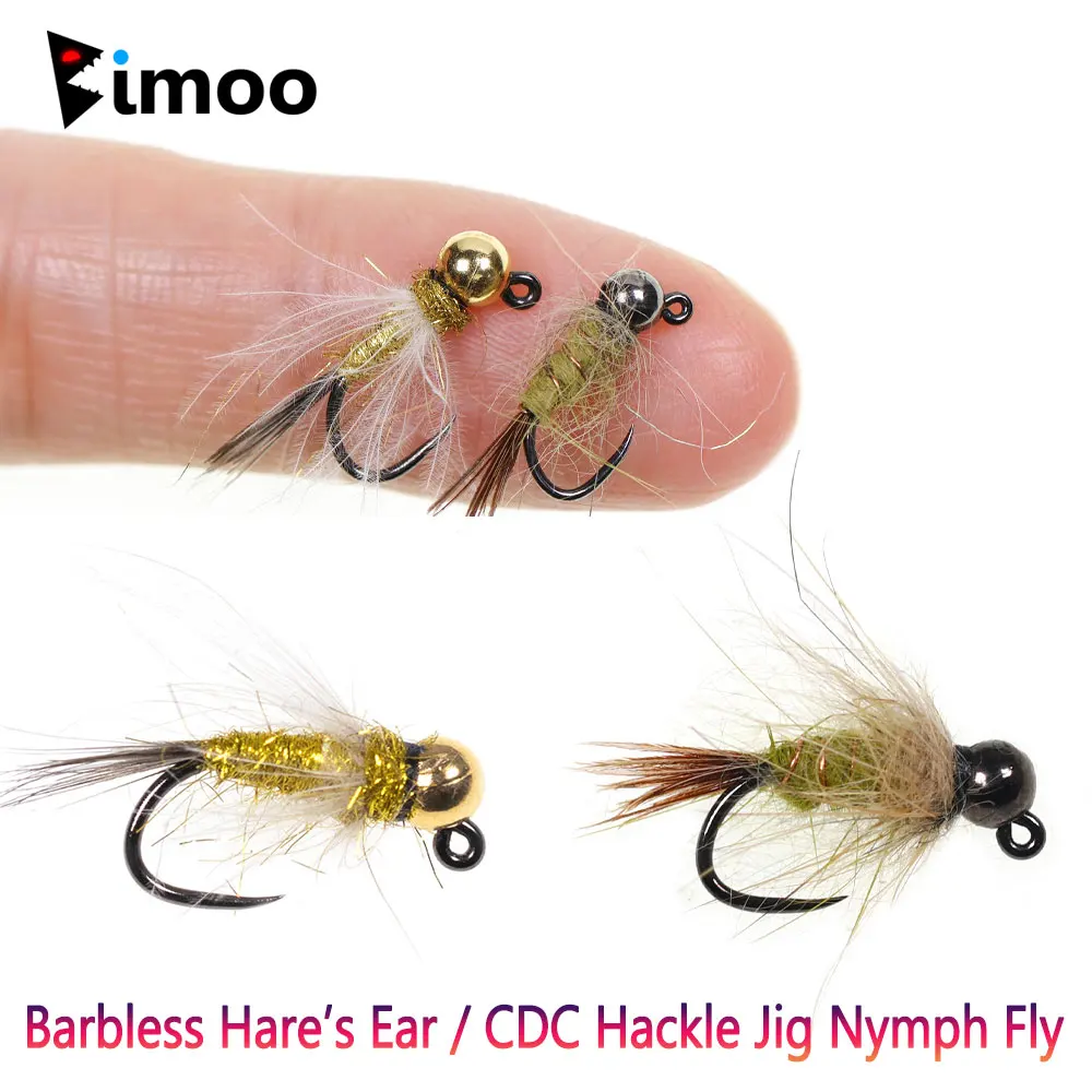 Bimoo 6pcs #12 #14 Barbless Hare's Ear Jig Nymph Fly CDC Hackle Jig Nymph Fast Sinking Wet Euro Nymph Fly Trout Fishing Lures